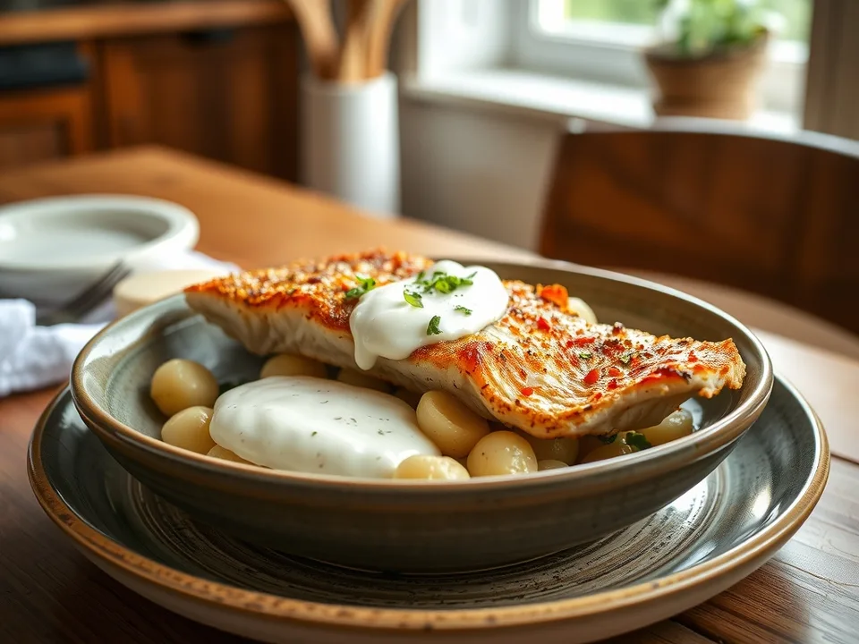 Zanderfilet kross gebraten mit Gnocchi in Kräuterschaum