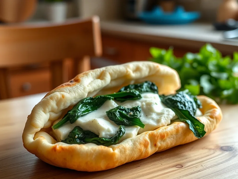 Pita Brot gefüllt – mit Schafskäse, Spinat und Kräutern