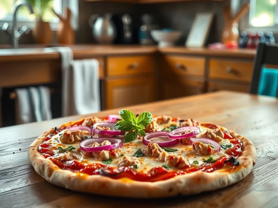 Thunfischpizza mit roten Zwiebeln, Kapern und Oliven