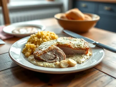 Schweinefilet mit Chicorée-Gratin und Knoblauchspeck